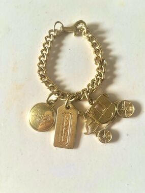 Y2K Coach Gold Bag Charm chain link Bracelet with Carriage and Logo Tags